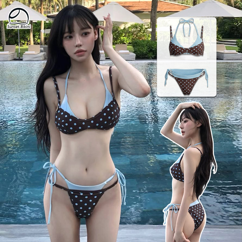 Sunset bikini🩵🥥สไตล์เกาหลี ชุดบิกินี่ การตัดสี ลายจุด Ins style ผูกคอ ชุดว่ายน้ำผู้หญิง ชุดไปทะเล swim ส่งไวจากไทย ใหม่