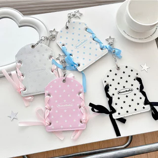 ซองการ์ด PU หลายสี ลายดาว แบบหนัง ใส่การ์ด 3 นิ้ว มีห่วงแขวน ถักโบว์ DIY ได้ ของสะสมศิลปิน อินเทรนด์ ริบบิ้น 4 สี