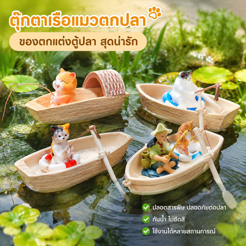 ของตกแต่งตู้ปลา ตุ๊กตาเรือเรซินแมวตกปลา ดีไซน์วินเทจน่ารัก ปลอดสารพิษปลอดภัยต่อปลา กันน้ำไม่ซีดสี ใช้งานได้หลายสถานการณ์