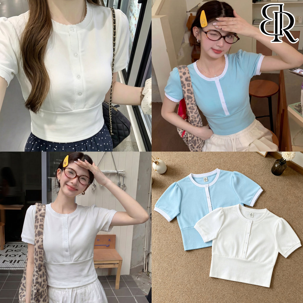B&R พร้อมส่ง เสื้อยืดแขนสั้นคอกลมทรงเข้ารูปผู้หญิง ขอบคลื่น กระดุมครึ่งหน้า เรียบง่ายละมุน