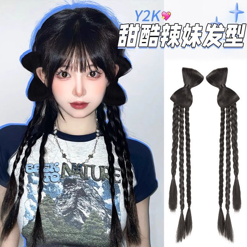 Y2k วิกผม Braids หางม้าคู่หญิง Influencer Millennium สาวร้อน Bowknot ดอกไม้ Braids จําลองมนุษย์ผมมวย