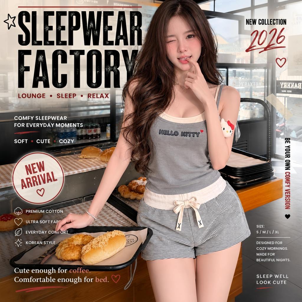 SLEEPWEAR FACTORY ชุดนอนขาสั้น สายเดี่ยว บราในตัว 🐱 กางเกงเชือกรูดได้ น่ารักเกาหลี W221