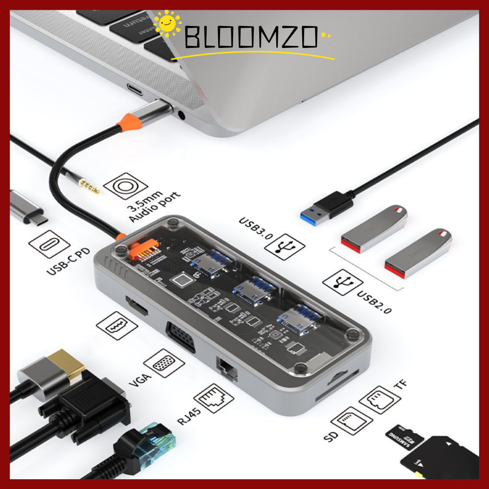 BLOOMZO USB C Hub, 10 in 1 HDMI-เข้ากันได้กับ USB C Dock, พอร์ต USB 3 พอร์ต 3.5 มม.เสียง Dual Monitor Dock Station Office Home