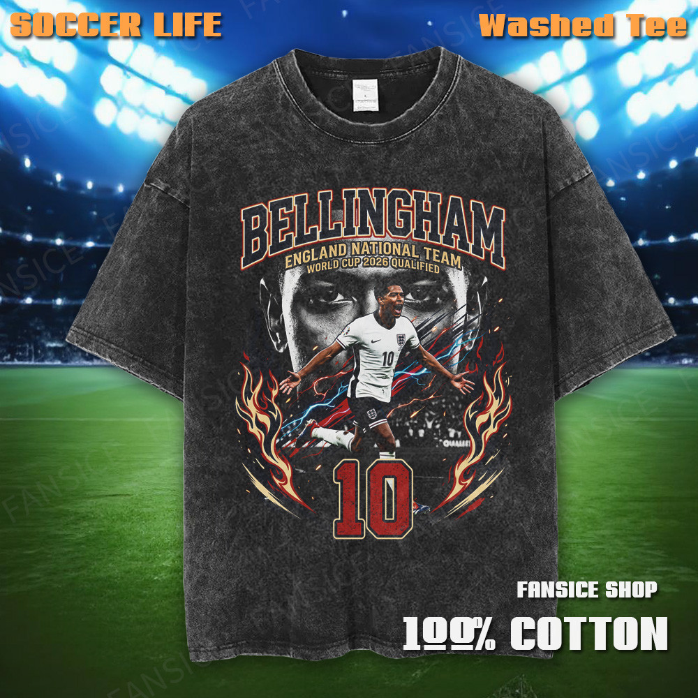 ‌เสื้อยืด Bellingham England ฟุตบอลโลก 2026 ผ้าฝ้าย 100% แบบซักล้าง นุ่ม ระบายอากาศดี เสื้อยืดฟุตบอล สต็อกในไทย