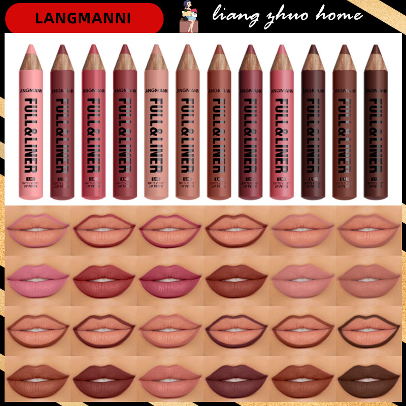 LANGMANNI Matte Lip Liner ดินสอชุด 12 เฉดสีเรียบไม้ลิปสติกปากกาเม็ดสีสูง Professional 3D Lip Contour Definer สําหรับผู้เริ่มต้นแต่งหน้าคนรักงานแต่งงานเดินทางออกเดท