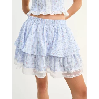 [Pomelo] กระโปรงสั้นลายสก็อตดอกไม้แต่ระบายลูกไม้ / Ruffle Trim Gingham Floral Mini Skirt