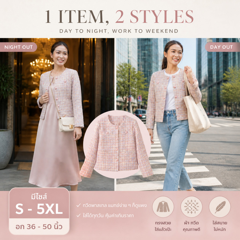 เสื้อแจ็คเก็ตผ้าทวีด S-7XL แขนยาวคอกลม ดีเทลกระดุมพาสเทลเข้าชุด ลุคคุณหนูเรียบหรูใส่ทำงานออกงานได้