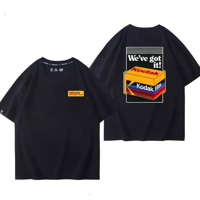 เสื้อยืดพิมพ์ลายสองด้านแบรนด์ Kodak ปี 2026, เสื้อทรงหลวมผ้าฝ้ายแท้, สไตล์เรโทรสตรีท, แขนสั้นสำหรับทุกเพศ