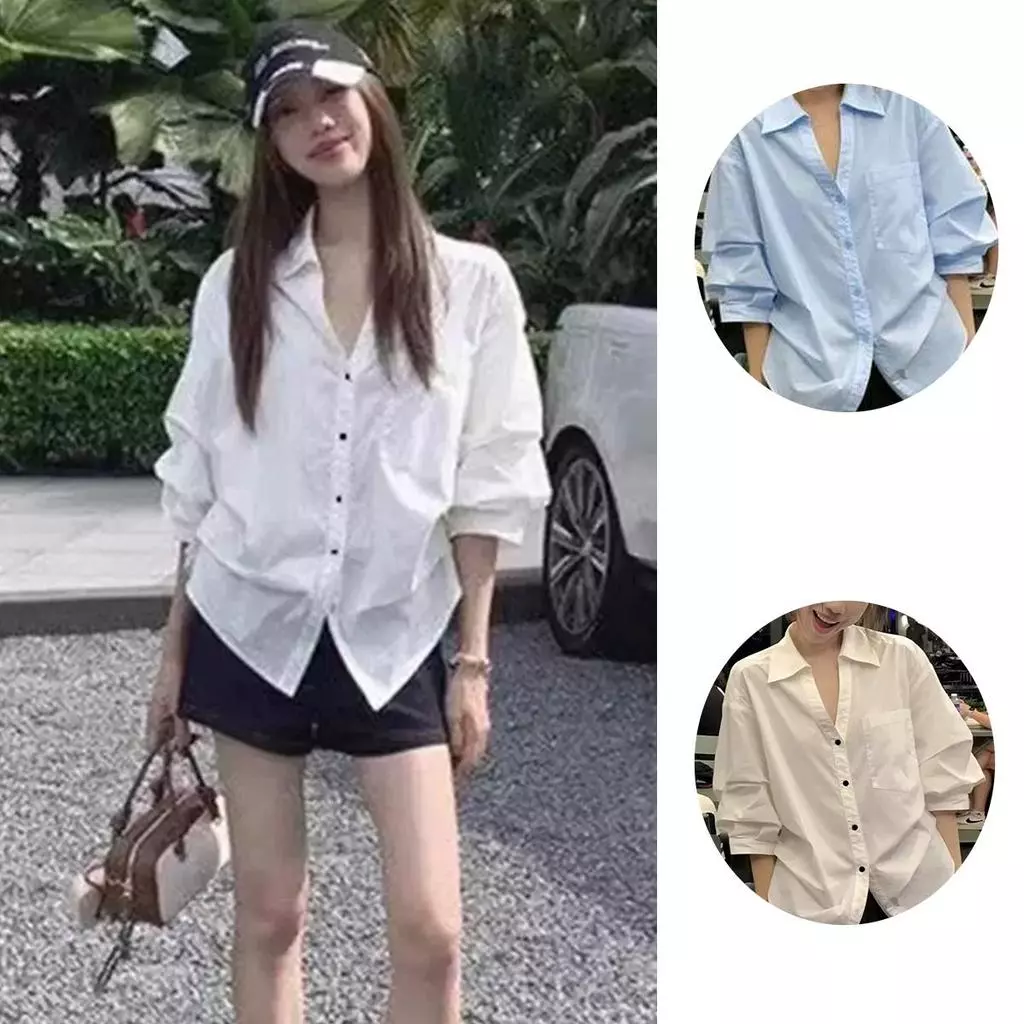 STYLE#เสื้อเชิ้ตสีดำสำหรับผู้หญิง ดีไซน์สีพื้น แขนสั้น ดีไซน์จับจีบด้านข้างที่ไม่เหมือนใคร#99470
