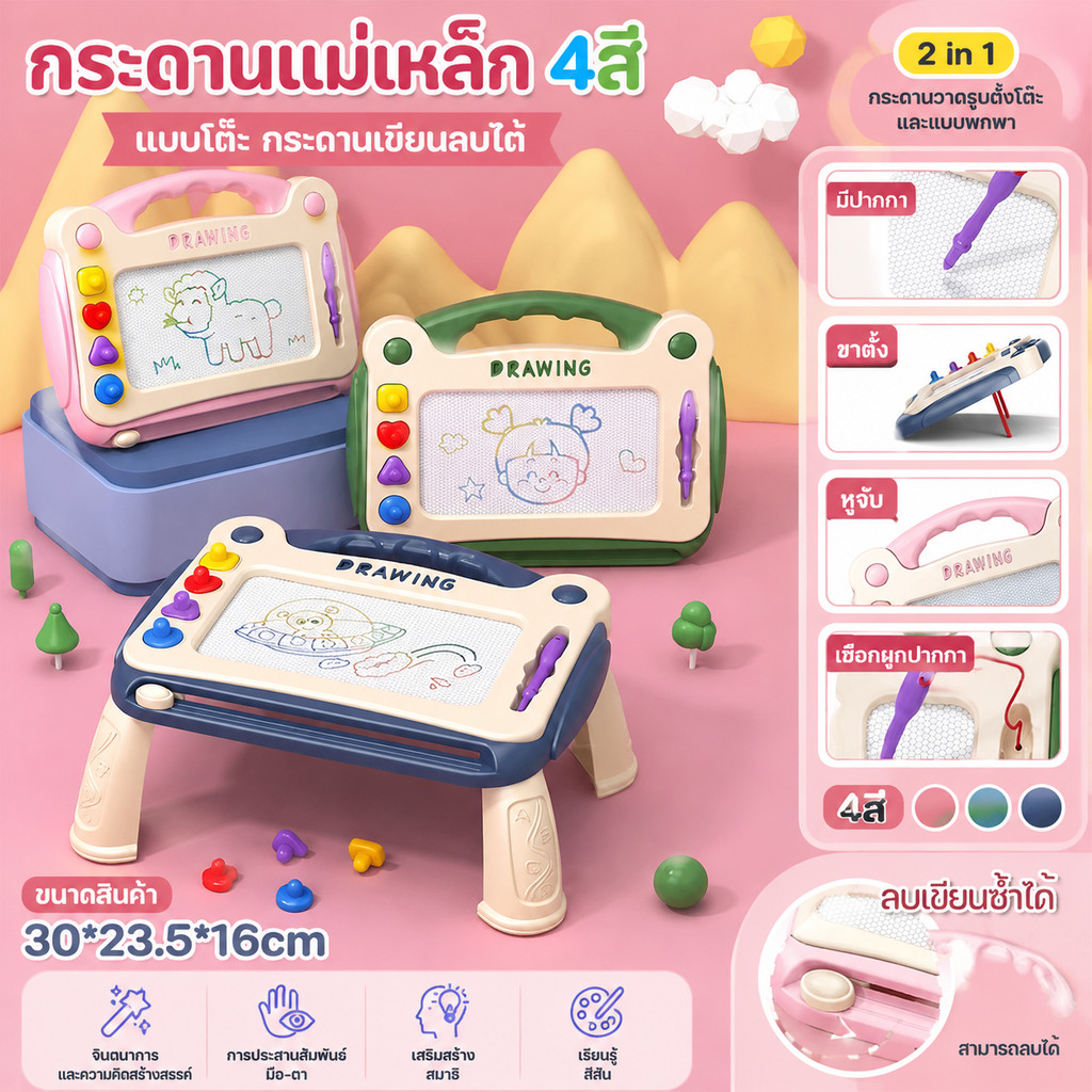 กระดานแม่เหล็ก 4สี สามารถเขียนและลบได้ ช่วยฝึกเด็กในการเขียนและวาดภาพ กระดานวาดภาพแม่เหล็กสำหรับเด็ก