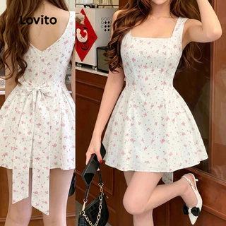 (New Arrival) Lovito ชุดเดรสผู้หญิงสไตล์ลําลองพิมพ์ลายโบว์ฤดูใบไม้ผลิ/ฤดูร้อน เกาหลี อินเทรนด์ LK7AD013