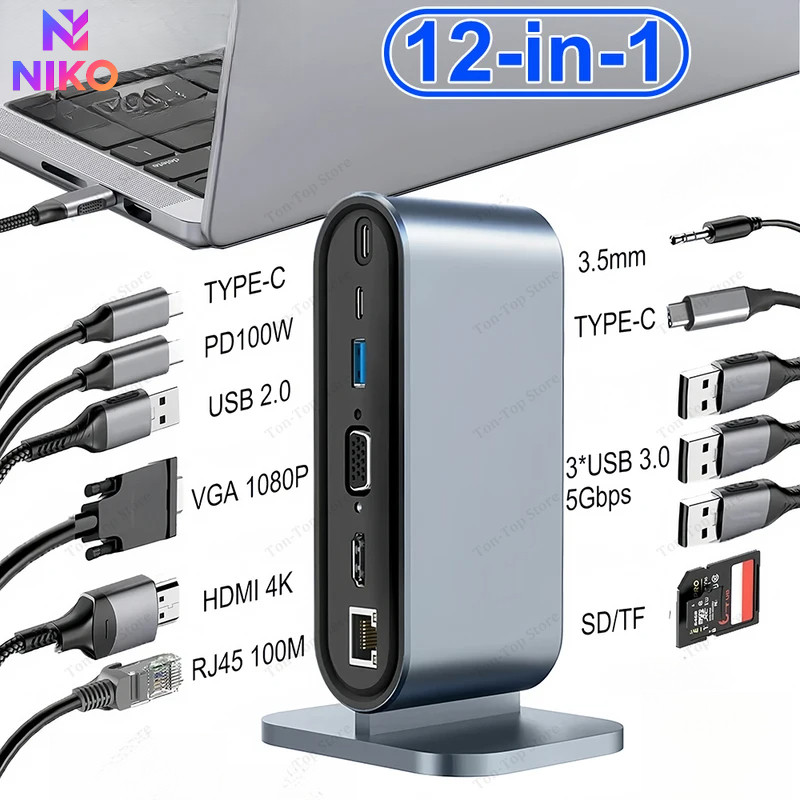สถานีจับต่อ USB C แบบ 12 ใน 1 ชนิด TYPE C ถึง HDMI อะแดปเตอร์ 4K HD PD 100W VGA RJ45 3.5mm SD TF USB 3.0 สปลิตเตอร์สำหรั