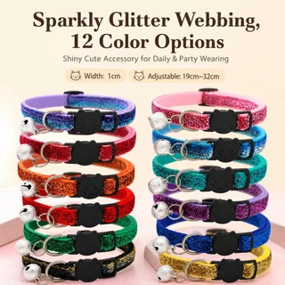 Sparkly Glitter ปลอกคอแมวความปลอดภัย Breakaway หัวเข็มขัด Bell โลหะ D แหวนปรับสัตว์เลี้ยง 12 สีสําหรับลูกแมวสุนัขขนาดเล็ก Chihua