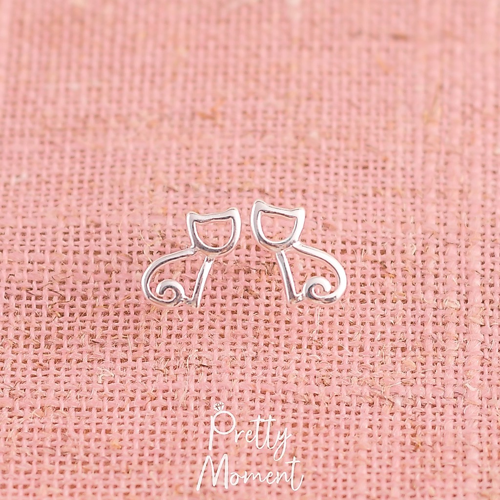 Pretty Moment ต่างหูเงิน แมว ม้วนหาง น่ารัก ต่างหูเงินแท้ ต่างหู มินิมอล 925 สลักก้าน ของขวัญ