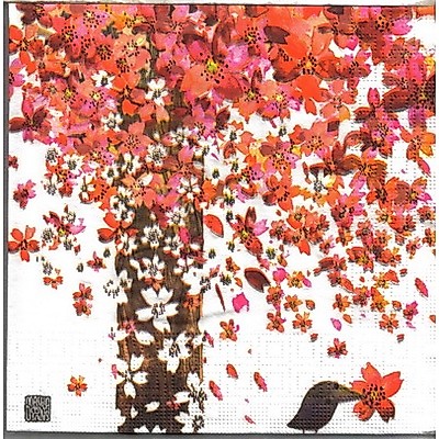 Pladao Napkin 1771 ภาพสวน Cherry Tree Bird นกไต้ต้นซากุระ กระดาษ แนพกิ้น สำหรับงานศิลปะ เดคูพาจ decoupage ขนาด L 33x33