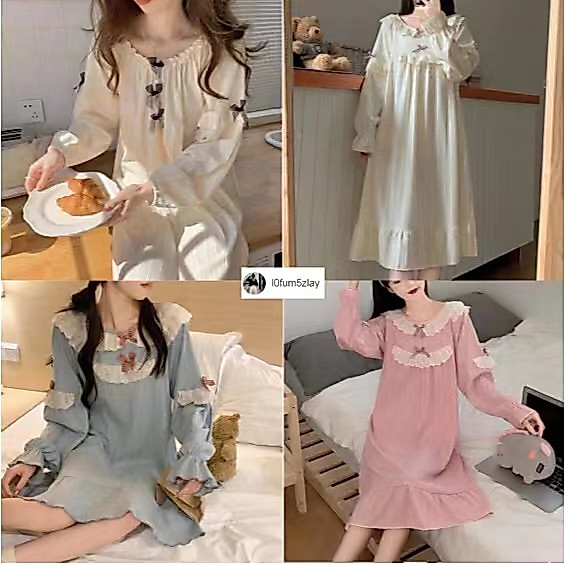 🎀(ราคาที่ถูกที่สุด)  ชุดนอนสไตล์ญี่ปุ่น， กระโปรงน่ารัก， โบว์ลูกไม้，ผ้าฝ้ายที่สวมใส่สบาย，M-2XL