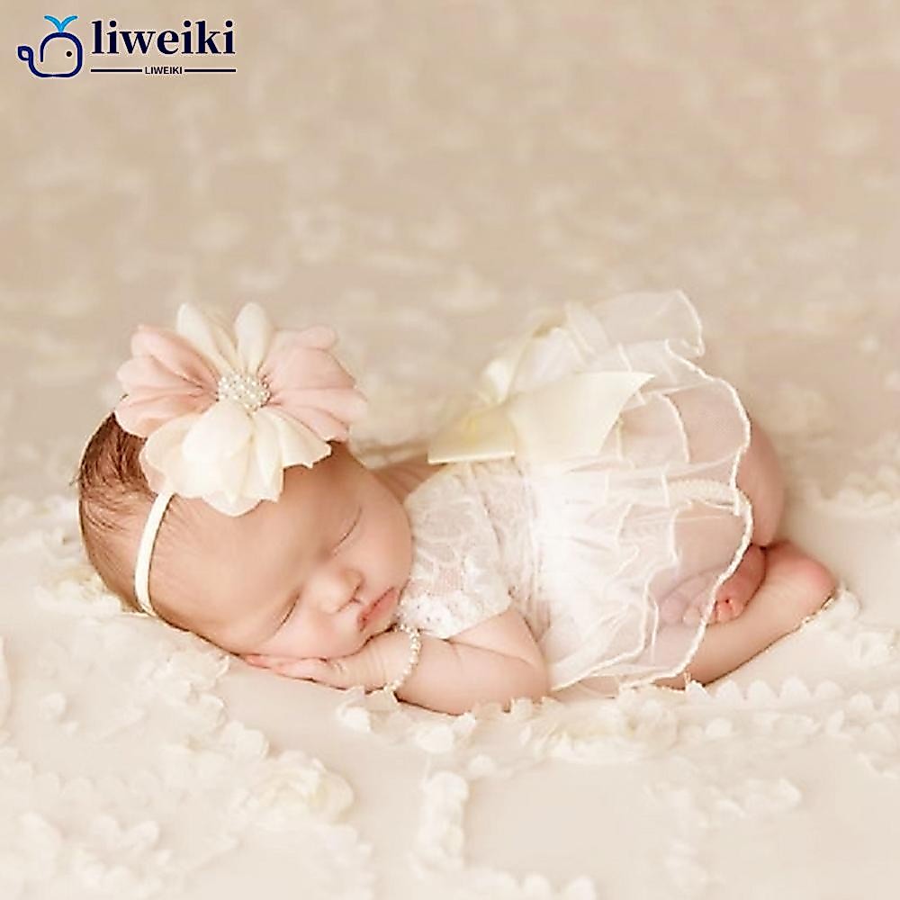 Liweiki ชุดรอมเปอร์ ผ้าโพกศีรษะ แต่งลูกไม้ ลายดอกไม้ เปลือยหลัง พร็อพถ่ายภาพ สําหรับเด็กทารกแรกเกิดผู้หญิง H8R7