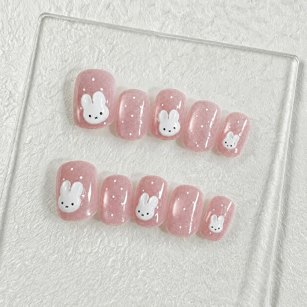 ✨พร้อมส่งไทย✨ เล็บปลอม แยกไซส์ สั้นกุด น้องกระต่าย สีลูกแก้วแคทอาย น่ารัก สไตล์เกาหลี 10 ชิ้น/ไซส์ M S XS ฟรีกาวสิลิโคน