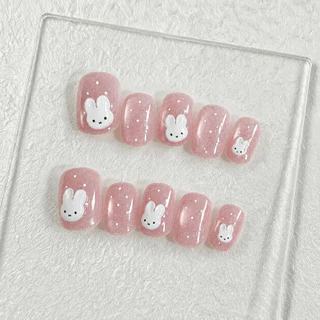 ✨พร้อมส่งไทย✨ เล็บปลอม แยกไซส์ สั้นกุด น้องกระต่าย สีลูกแก้วแคทอาย น่ารัก สไตล์เกาหลี 10 ชิ้น/ไซส์ M S XS ฟรีกาวสิลิโคน