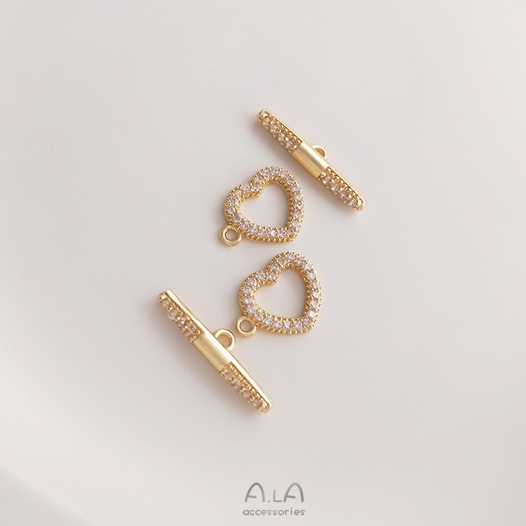 14K Gold-Covered สี Retention Micro-Inlaid Zircon พีชรูปหัวใจ OT หัวเข็มขัด diy Pearl Chain สร้อยคอส