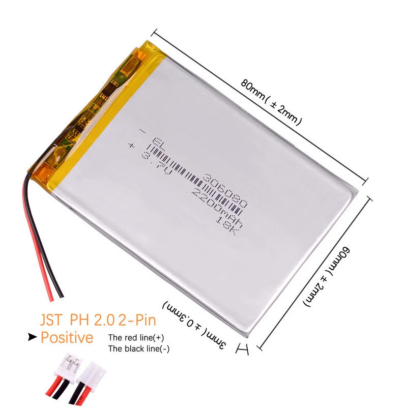 PH2.0 2P 3.7V 2200mAh 606080 406080 306080 506080 706080 806080 แบตเตอรี่ลิเธียมไอออนโพลีเมอร์ / Li-