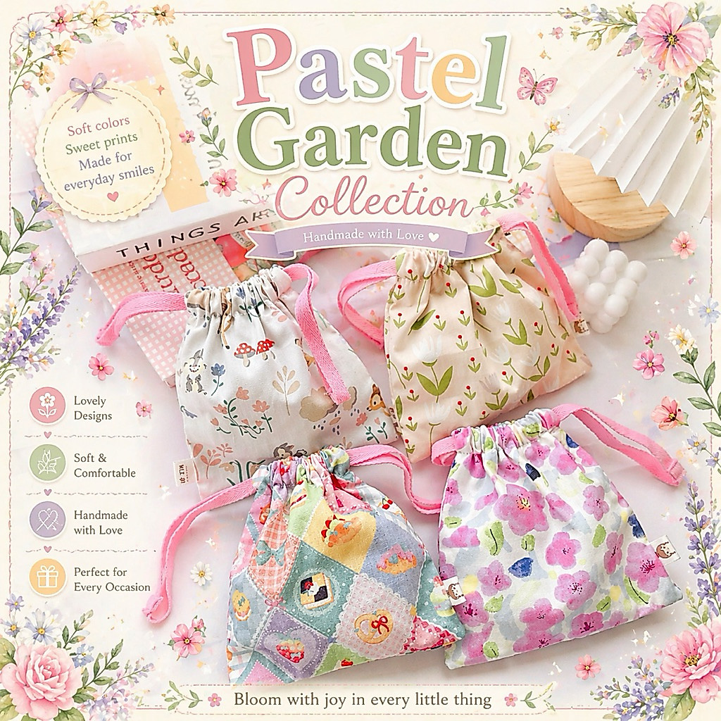 กระเป๋าผ้าหูรูด มีซับใน• BK-TIN HANDMADE• – Pastel Garden Collection
