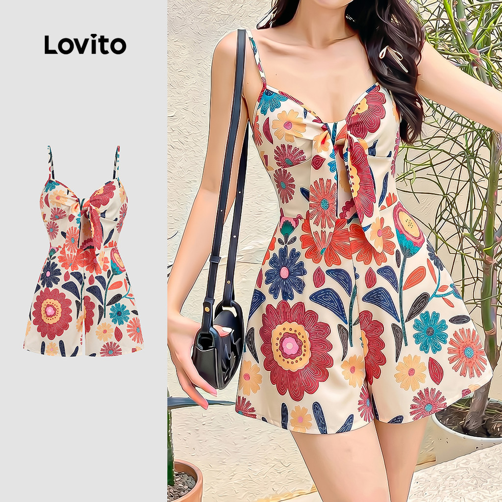 Lovito โบโฮ จั๊มสูทพร้อมโบว์หน้า สําหรับผู้หญิง เหมาะสําหรับฤดูใบไม้ผลิ/ฤดูร้อน LK6ED145