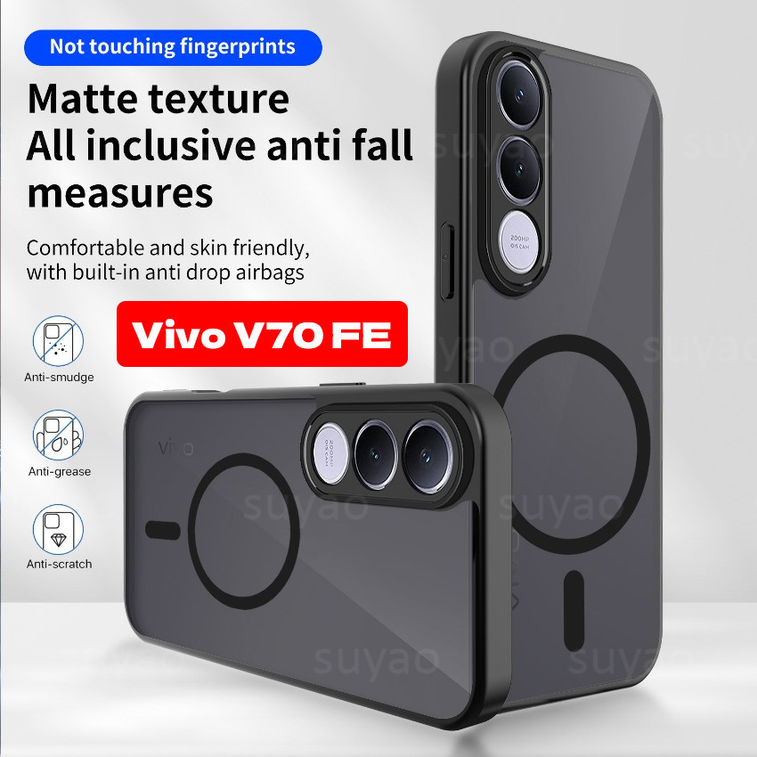 THAA vivo V70 FE V70 FE V60 V50 Lite 20 26 Matte Matte แม่เหล็กสีดําเคสโทรศัพท์ Anti-shake PC TPU กร