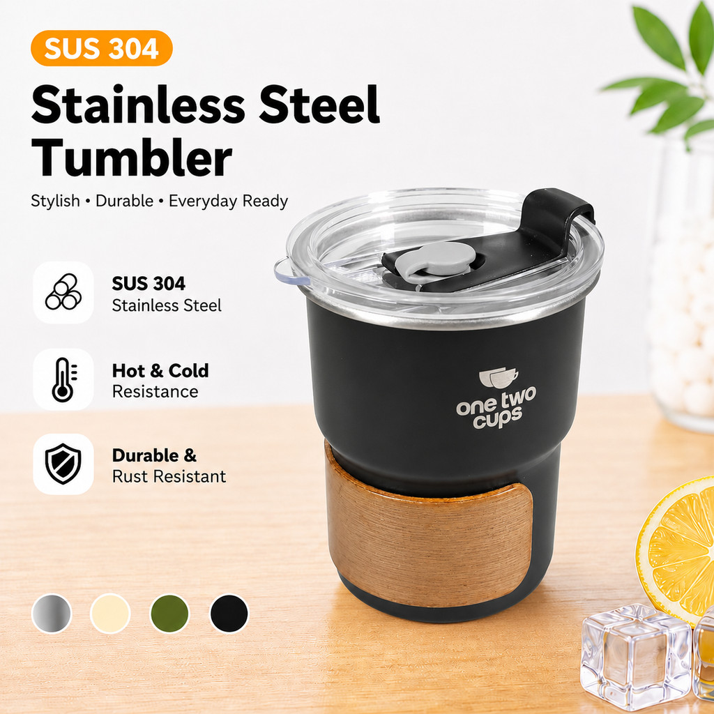 One Two Cups Coffee Tumbler Cup Lid Wood Cover Stainless 300ml - BC140