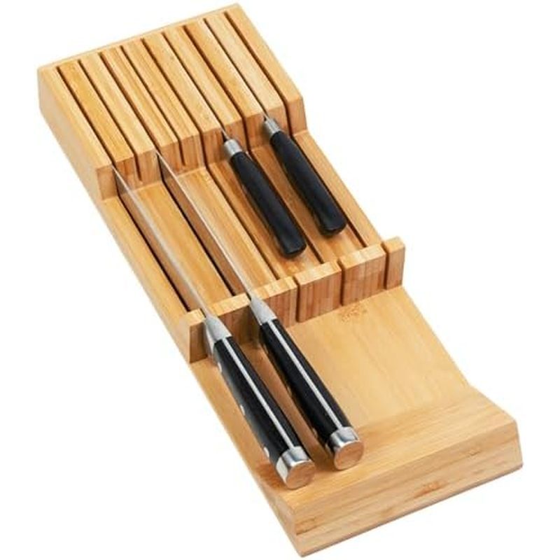 Utoplike in-Drawer Knife Block Bamboo Kitchen Knife Drawer Organizer, Handle Steak Knife Holder With