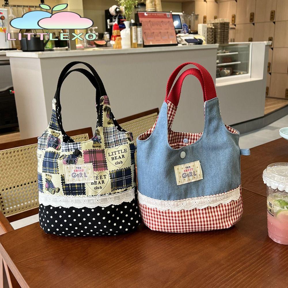 กระเป๋าถือ LITTLEX, INS กระเป๋าโท้ตลายสก๊อตผ้ายีนส์ลูกไม้หวาน, กระเป๋าผู้หญิงผ้าใบ
