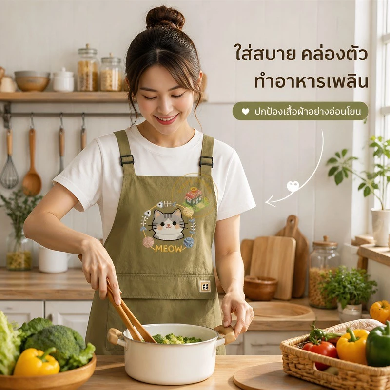 ผ้ากันเปื้อนครัวปรับสายสะพายได้ ผ้าแห้งเร็วไม่อึดอัด ตะเข็บแน่นหนา มี 3 เฉดสีให้เลือกใช้งาน
