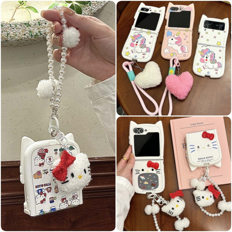 น่ารักการ์ตูนหูแมวหนังนุ่มสําหรับ Samsung Galaxy Z Flip 7 Z Flip 6 7FE Z Flip 5 Z Flip 4/3 ฝาครอบพร้อมเชือกเส้นเล็ก