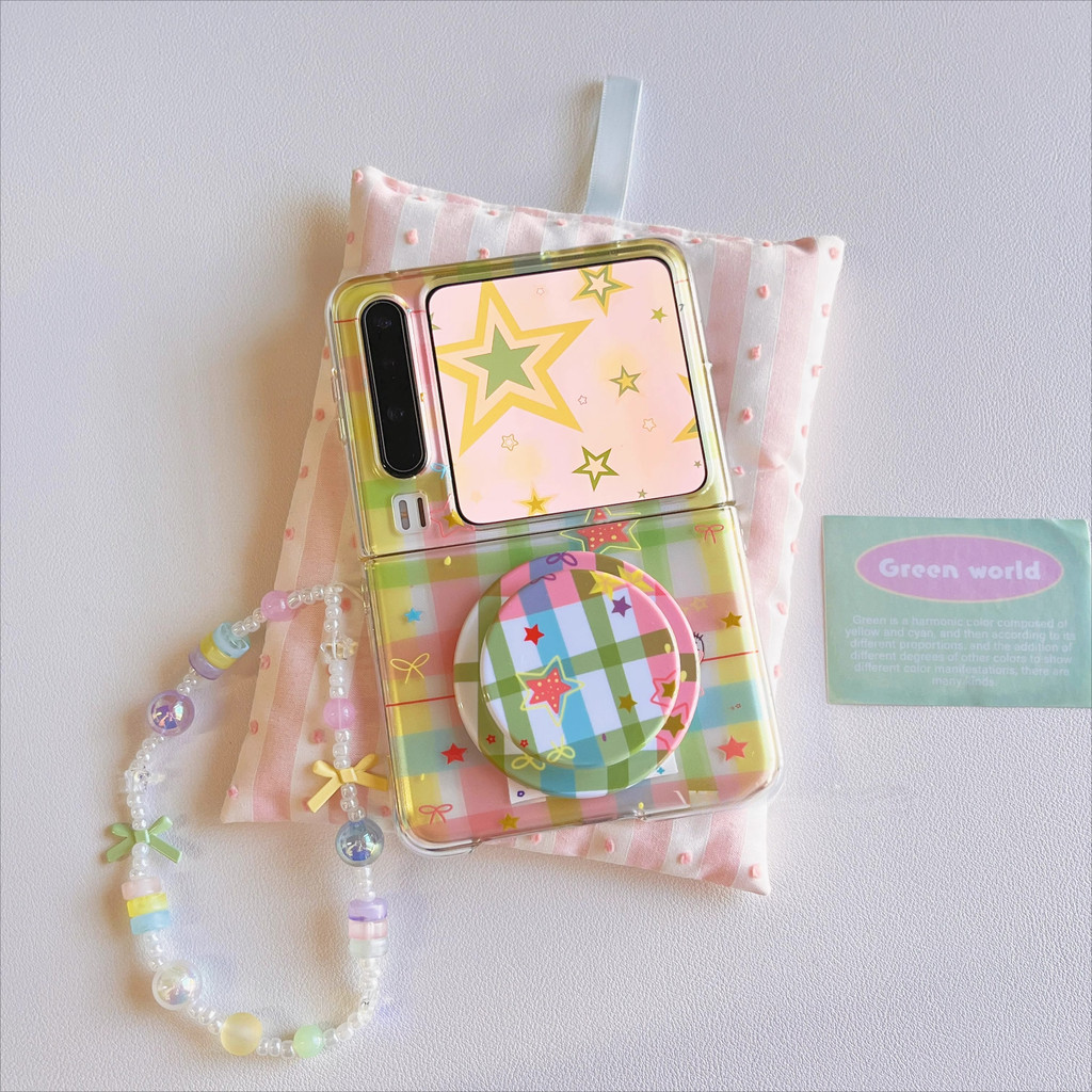 Flip7 Dopamine Lattice Star Magnetic พร้อมโซ่ Flip6 Samsung Galaxy Z Flip5 เคสน่ารัก Pura XCase ค้นหา N3 flip Z Flip 3 Flip 4 5G hard Phone Creativity Case Cover