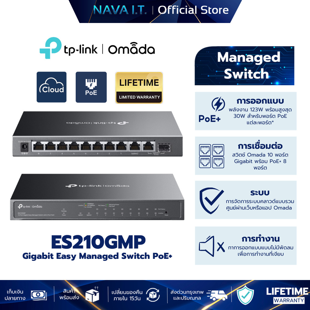 TP-LINK ES210GMP Omada 10-Port PoE+ Gigabit Easy Managed Switch รับประกันศูนย์ไทย
