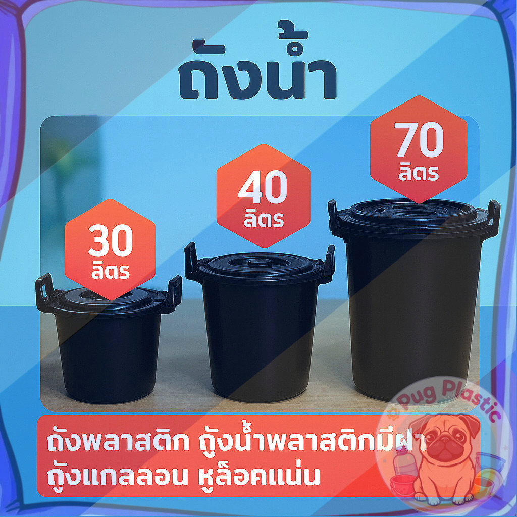 🚚ส่งจากไทย ถังน้ำ มี3ขนาด 30ลิตร,40ลิตร,และ 70ลิตร มีหูล็อคฝา2ข้าง สีดำ  ถังพลาสติก ถังน้ำพลาสติกมีฝา ถังแกลลอน หูล็อค