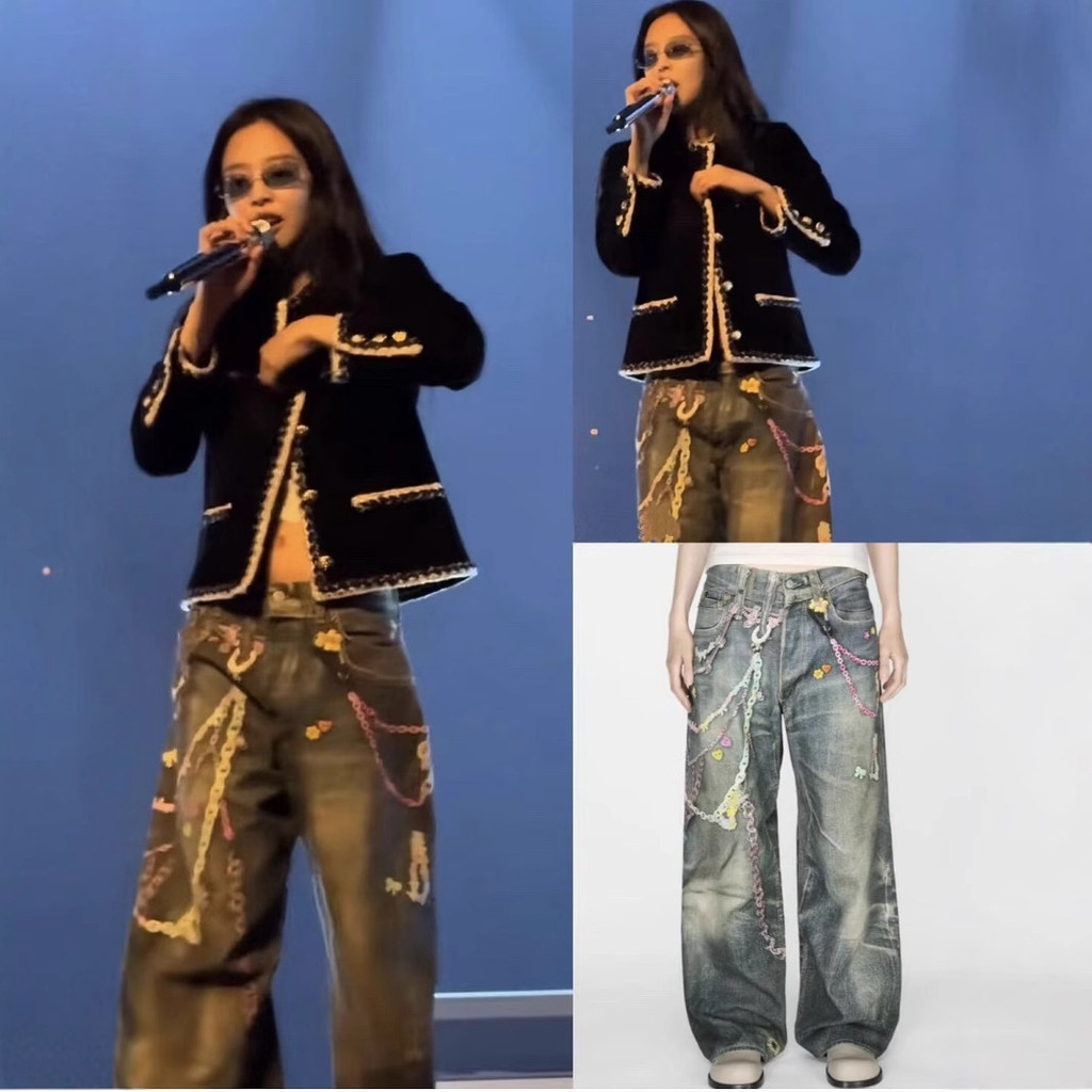 F9I2 Spot Goods jennie Same Style High Quality AC Home New3D Candy Chain Print Imitation Jeans Loose