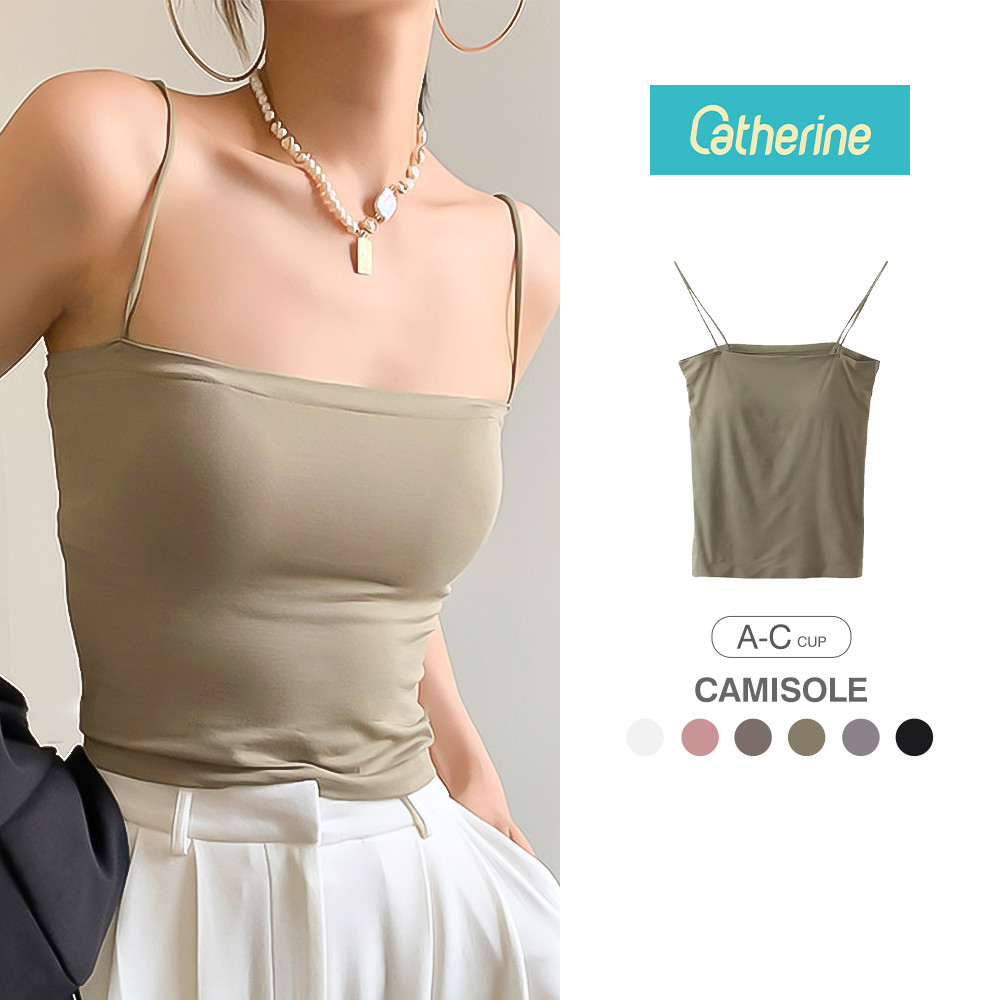 Catherine เสื้อสายเดี่ยว ไร้ตะเข็บข้าง ฟองน้ำเย็บติด ยืด สีพื้น สไตล์ลำลอง ผ้านิ่ม ใส่สบาย