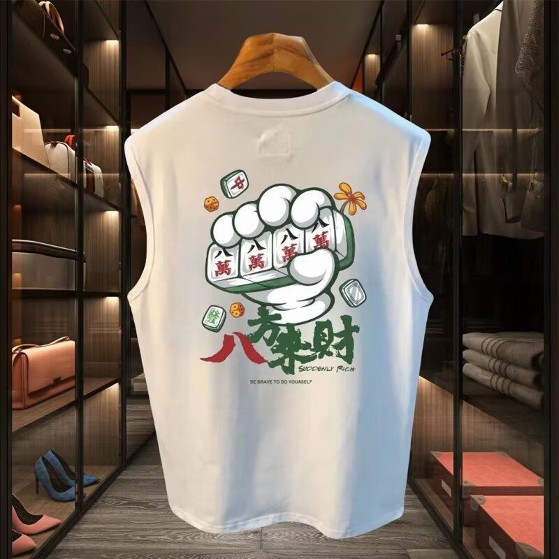 แห่งชาติอินเทรนด์ Bafanglaicai พิมพ์เสื้อยืดแขนกุดผู้ชายรอบคอแฟชั่นเสื้อกั๊ก Street Wear Casual เสื้