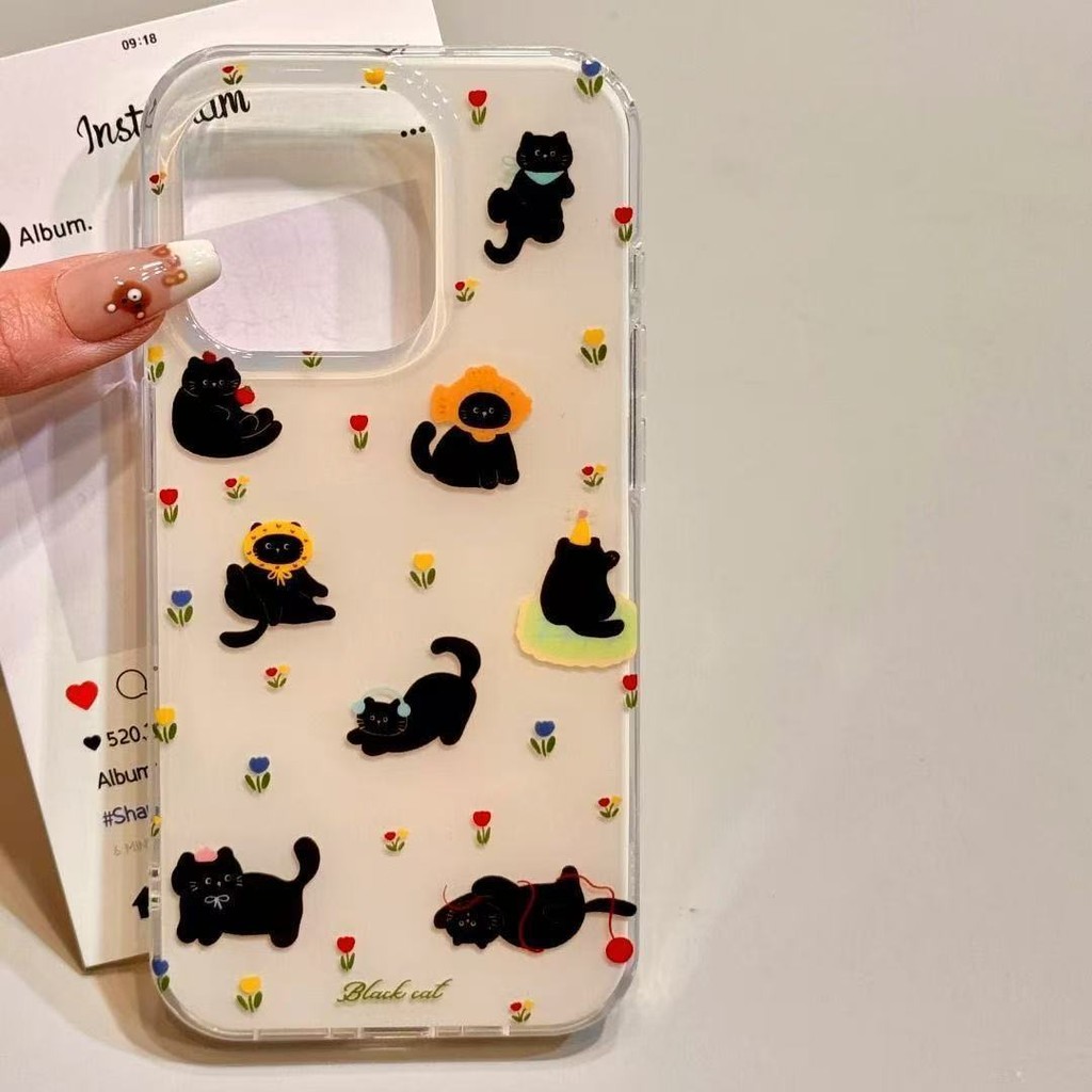 Imdปลอกสองชั้นสําหรับiPhone 16 15 14 13 12 11 Pro XR X XS Max 8 7 Plus Taiyaki Black Cat Soft Case Cover - รูปที่ 3