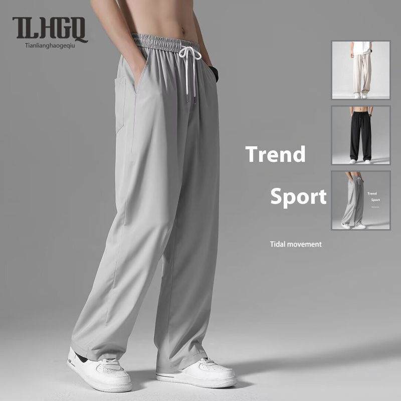 TLHGQ กางเกงสเวตชาย สีเทา เนื้อบางเบา สไตล์สปอร์ตทรงหลวม