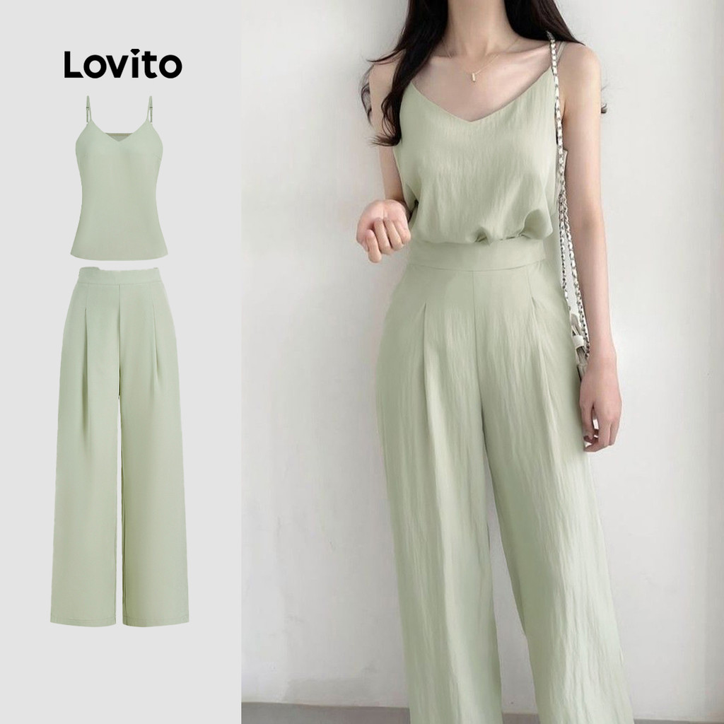 Lovito เสื้อหรือกางเกงลำลองแบบจีบเรียบสำหรับฤดูร้อน/ฤดูใบไม้ผลิสำหรับผู้หญิง L131ED462