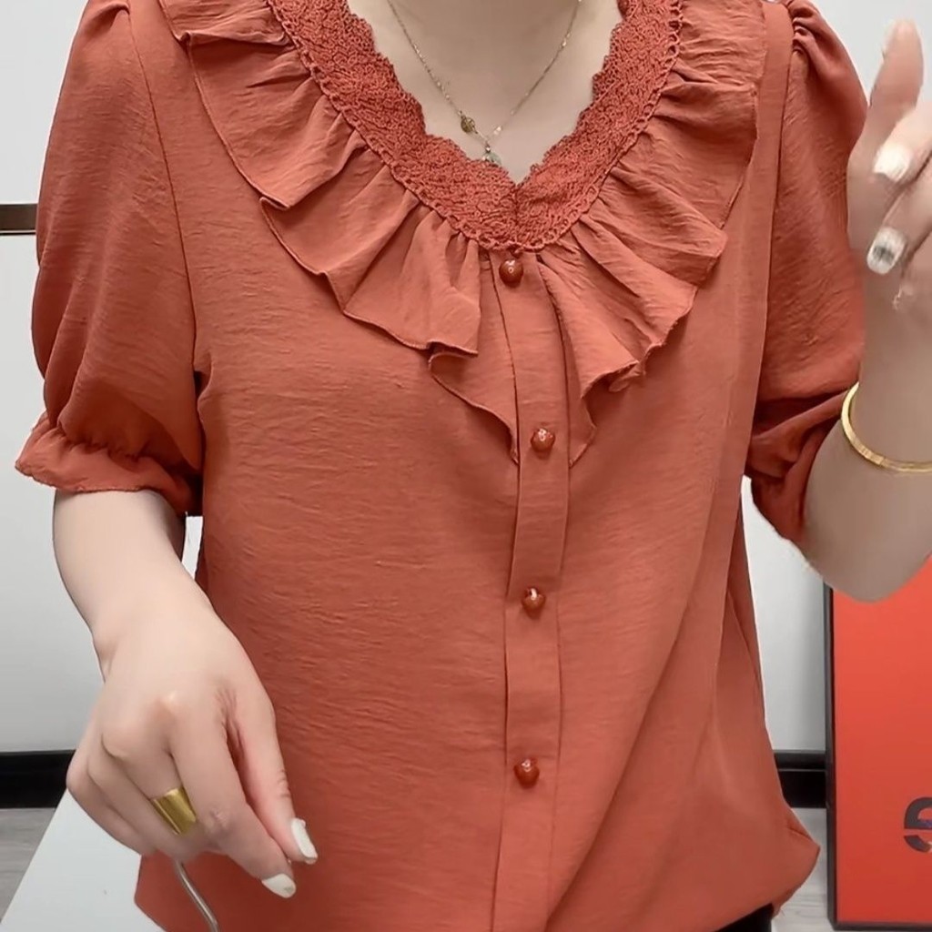 S❣️Silas Shop❣️ แขนสั้นฤดูร้อนหลวม ๆ ด้านบนชีฟอง Interlining บวกขนาดเกาหลีสุภาพสตรีเสื้อ