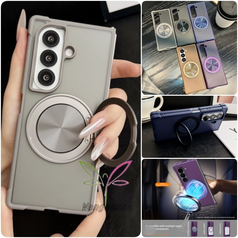 แหวนแม่เหล็กขาตั้ง Frosted Case Casing สําหรับ Samsung Galaxy Z Fold 7 Z Fold 6 พับ 5 พับ 4 โปร่งแสงปกหลัง
