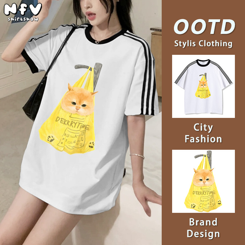 NFV เสื้อยืดแขนสั้นคอกลม🎀สไตล์เกาหลี ลายพิมพ์แมวน่ารัก ทรงหลวม ระบายอากาศ ใส่สบาย ผ้าแห้งเร็ว YG628