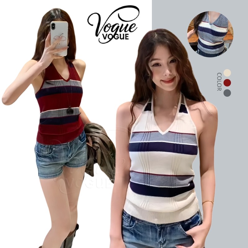 Vogue🌟พร้อมส่ง🌟 เสื้อคล้องคอ เว้าหลัง ผ้าไหมพรม ลายทางยืดพอดีตัว (25149)