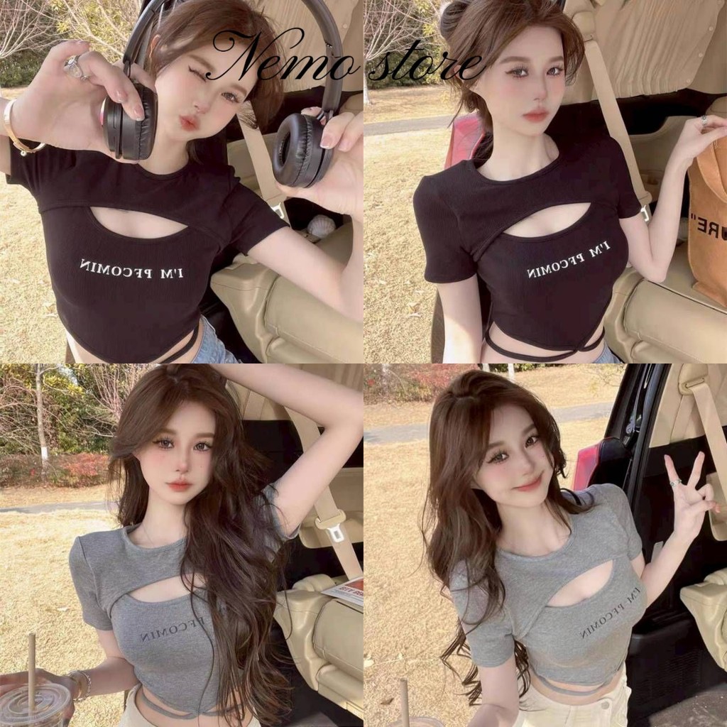 Nemo store🌸#FY147 เสื้อครอปแขนสั้น ดีเทลเว้าหน้าอกสีพื้น ใส่สบายมากดีเทลสกีนตัวอักษร