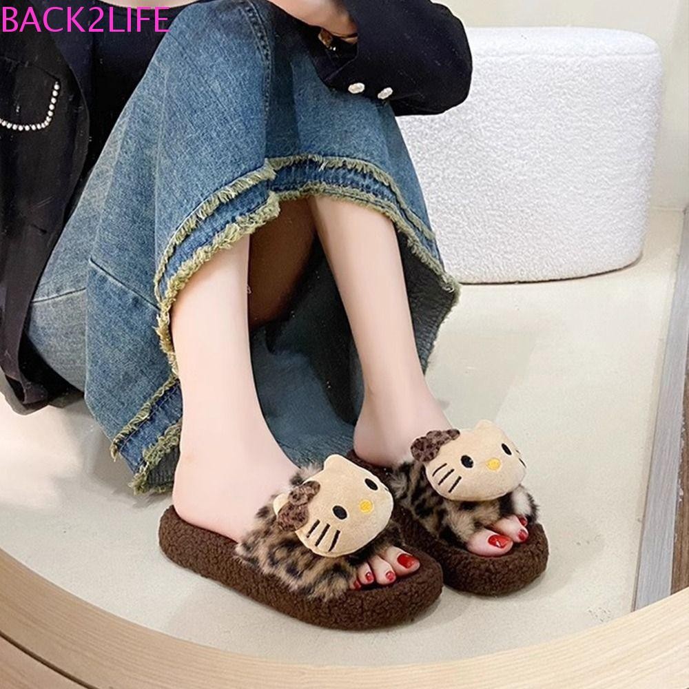 Back2life รองเท้าแตะขนอบอุ่น, รองเท้าแตะตุ๊กตาคิตตี้นักเรียนกันลื่น, บ้านปุยน่ารักในร่มกลางแจ้ง Y2k รองเท้าแตะเสือดาวด้านนอก