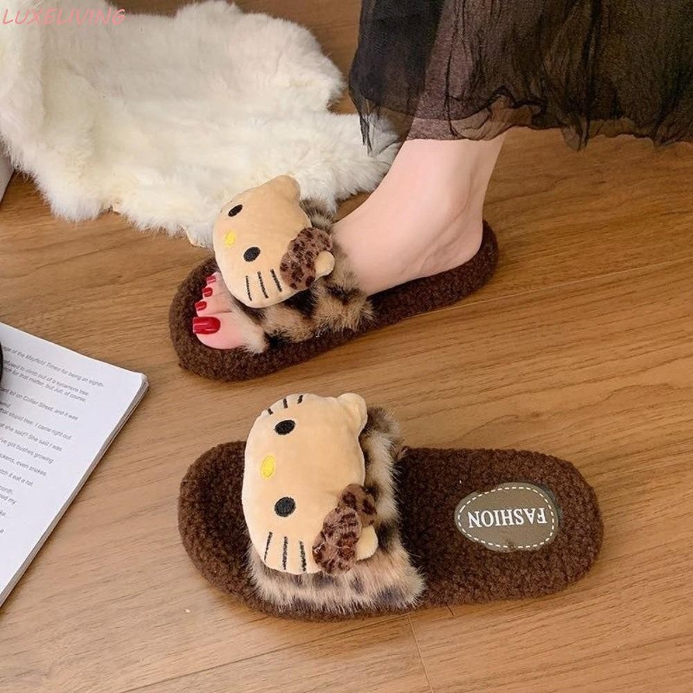 Luxeliving รองเท้าแตะขนสัตว์อุ่น, รองเท้าแตะตุ๊กตาคิตตี้กันลื่นในบ้าน, นักเรียนน่ารักปุยในร่มกลางแจ้ง Y2k รองเท้าแตะเสือดาวด้านนอก