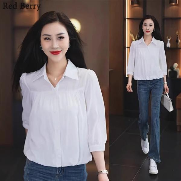 Red Berryเสื้อเชิ้ตผู้หญิงฤดูร้อนใหม่ปี 2025 เสื้อเชิ้ตแขนยาวปกปิดหน้าท้องสีพื้นแฟชั่นลดอายุW642
